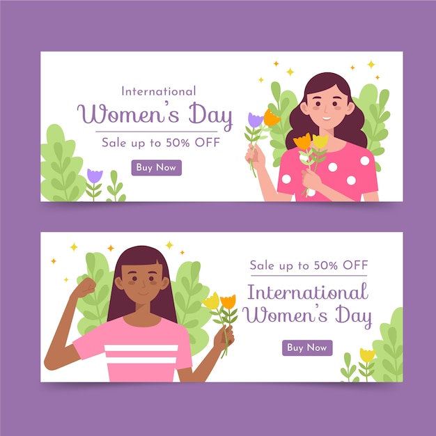 Flat international women's day sale horizontal banners set