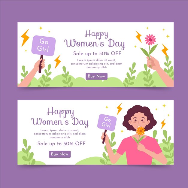 Flat international women's day sale horizontal banners set