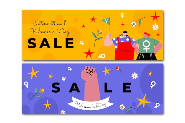 Flat international women's day sale horizontal banners set