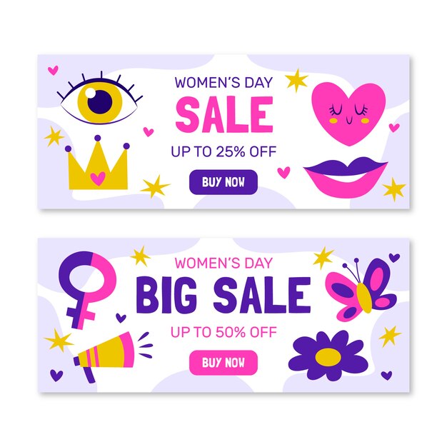 Flat international women's day sale horizontal banners set