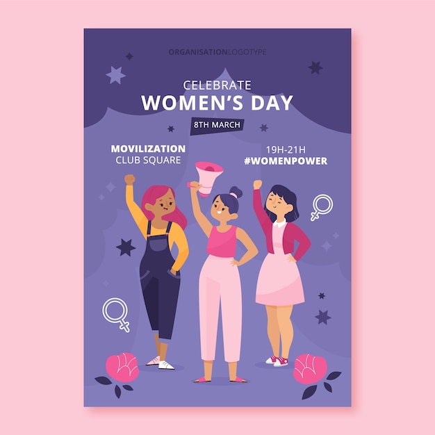 Flat international women's day vertical flyer template