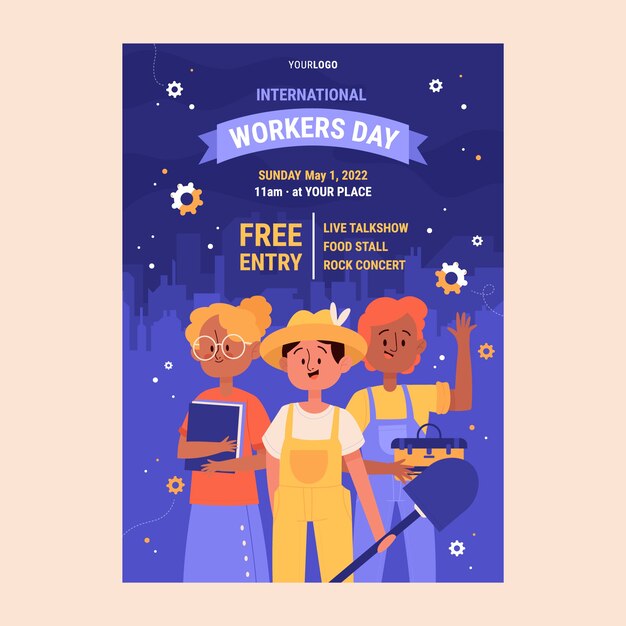 Flat international workers day vertical poster template