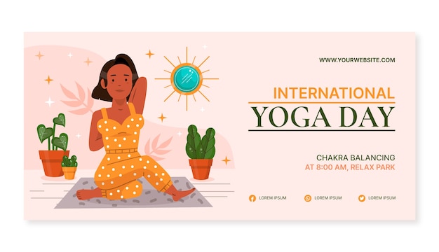 Flat international yoga day horizontal banner template