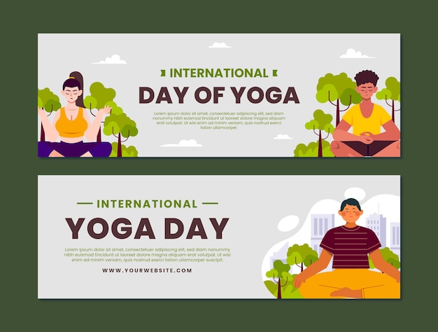 Flat international yoga day horizontal banners collection