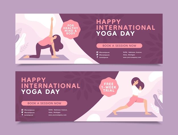 Flat international yoga day horizontal banners collection