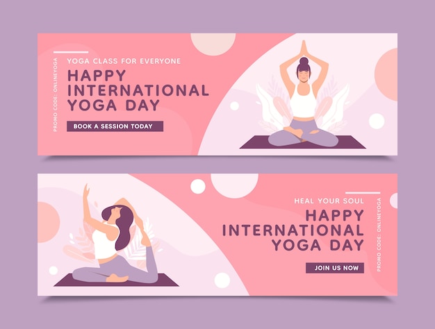 Flat international yoga day horizontal banners collection