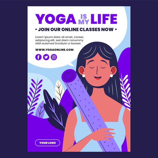 Flat international yoga day vertical flyer template