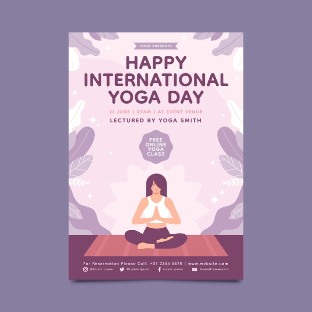 Flat international yoga day vertical flyer template