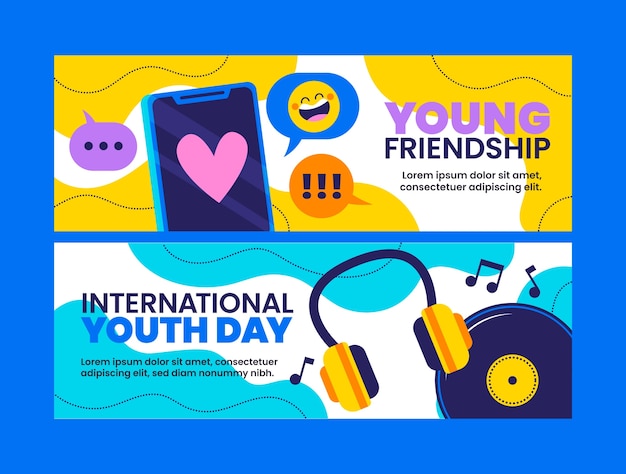 Flat international youth day horizontal banners collection