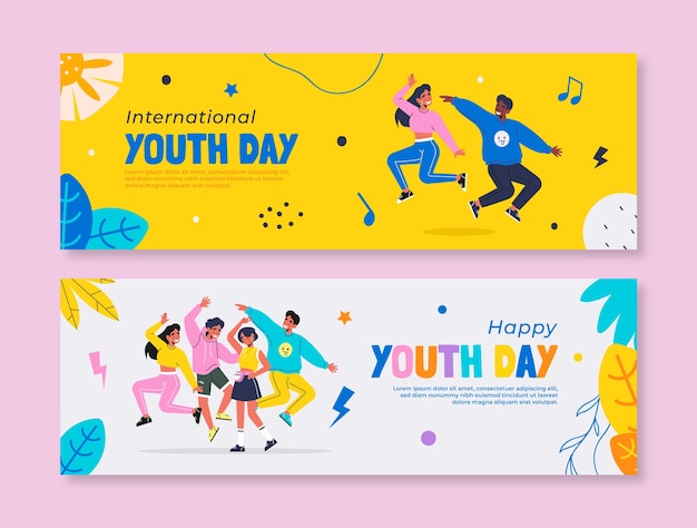 Flat international youth day horizontal banners set