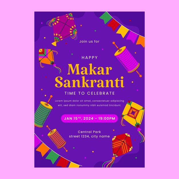 Flat invitation template for makar sankranti festival celebration