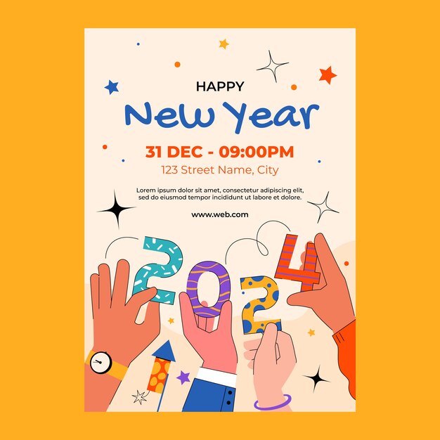 Flat invitation template for new year 2024 with hands holding numbers