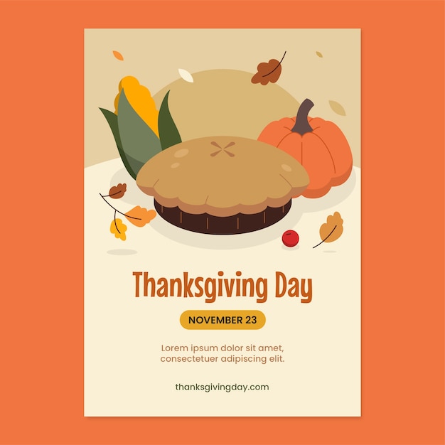 Flat invitation template for thanksgiving celebration with pie and pumpkin