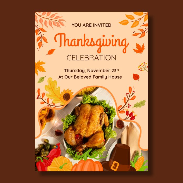 Flat invitation template for thanksgiving day celebration