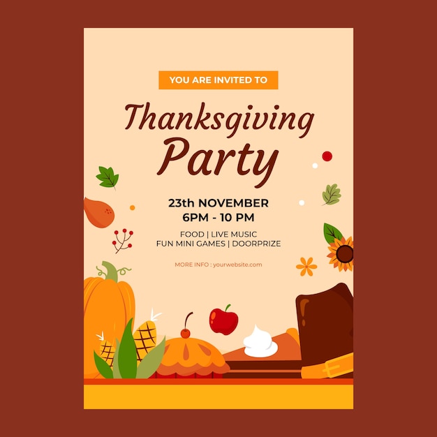 Flat invitation template for thanksgiving with buckle hat and pie