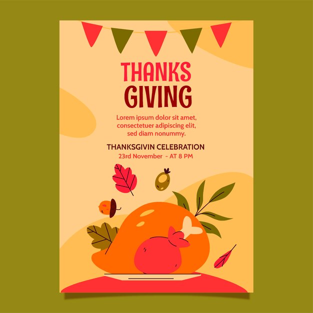 Flat invitation template for thanksgiving with turkey and bunting