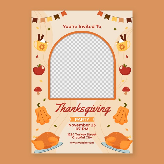 Flat invitation template for thanksgiving with turkey and pumpkin