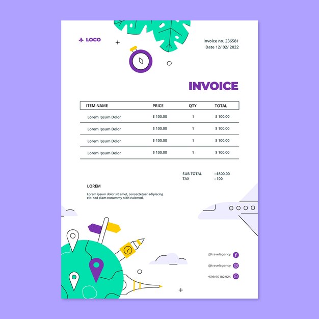 Flat invoice template for travel agency