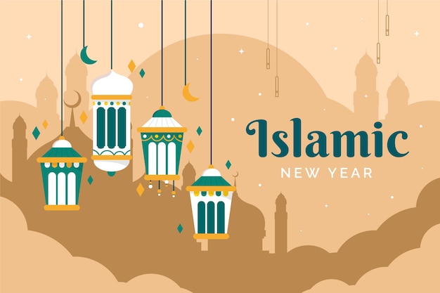 Flat islamic new year background with lanterns