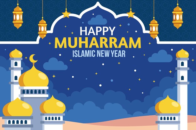 Flat islamic new year background with palace and lanterns