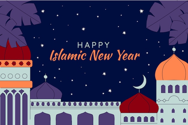 Flat islamic new year background with palace and leaves