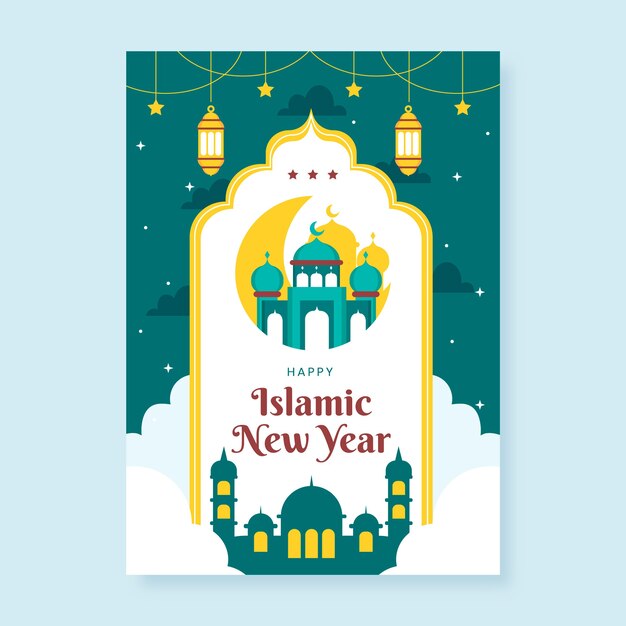 Flat islamic new year greeting card template with building and lanterns