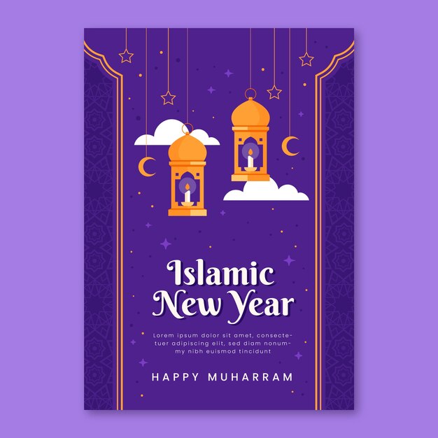 Flat islamic new year greeting card template with lanterns