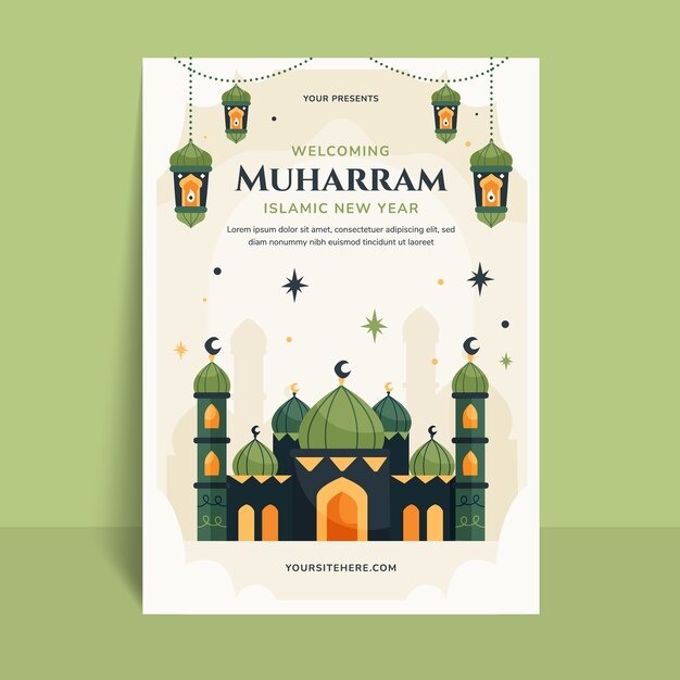 Flat islamic new year greeting card template with palace and lanterns