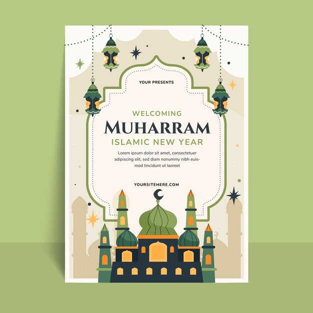 Flat islamic new year greeting card template with palace and lanterns