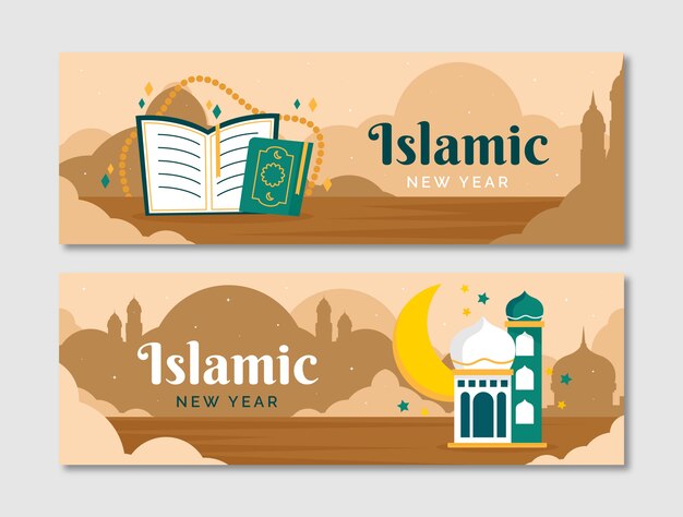 Flat islamic new year horizontal banners set with book and crescent moon