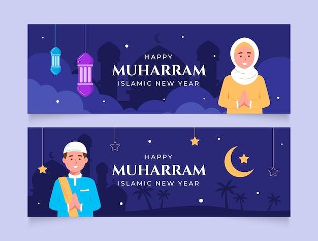 Flat islamic new year horizontal banners set with people praying