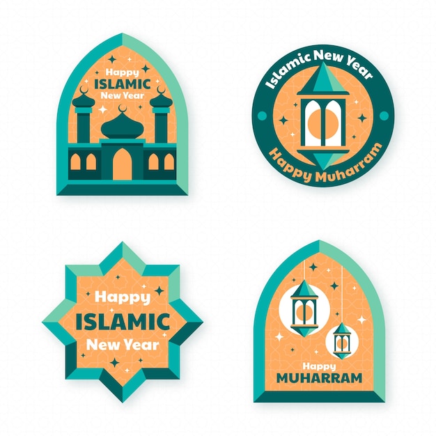 Flat islamic new year labels collection