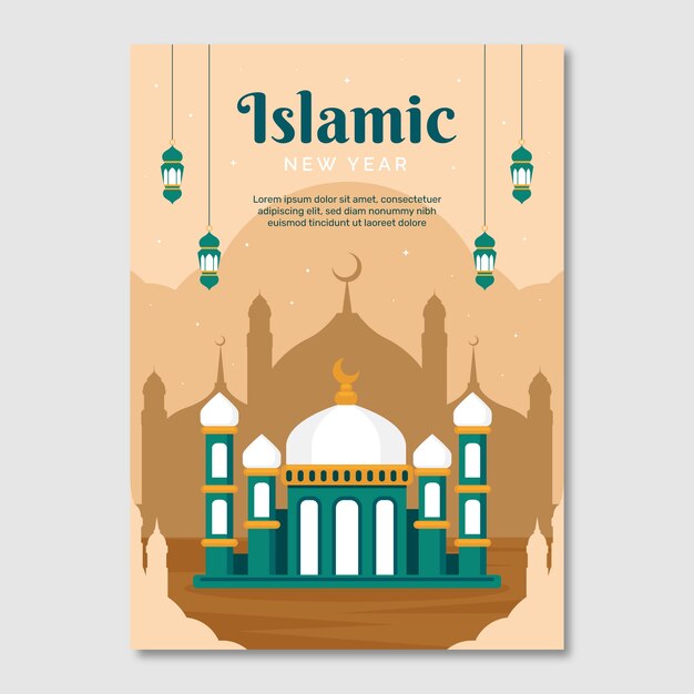 Flat islamic new year poster template with palace and lanterns