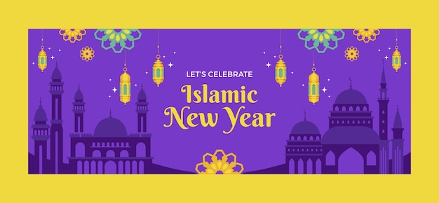 Flat islamic new year social media cover template with lanterns and palace