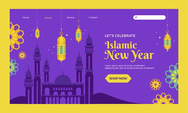 Flat islamic new year social media landing page template with lanterns and palace