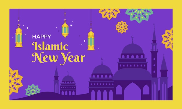 Flat islamic new year twitch background with lanterns and palace