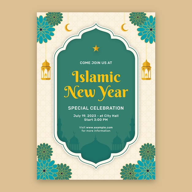 Flat islamic new year vertical poster template