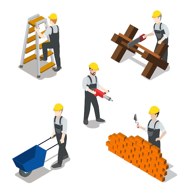 Free Vector flat isometric builder construction worker icon set concept