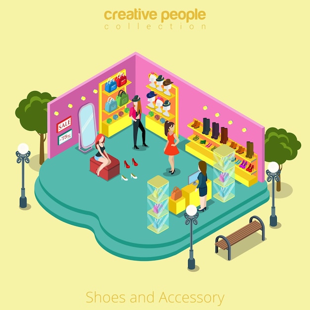 Free Vector flat isometric casual female customer in fashion boutique, shoes, accessory shop  retail business interior, showcase, cashier desk, fitting isometry concept.