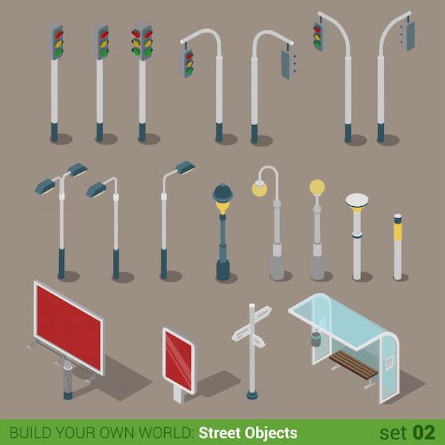 Free Vector flat isometric city street urban objects. traffic lights street lights big board citylight bus transport stop.