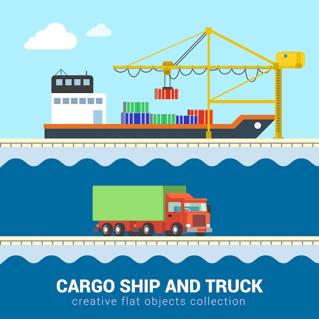 Flat  isometric funny cartoon cargo delivery sea ocean road transport  set. Truck van automobile wagon motor lorry container ship port loading. Build your own world   collection.