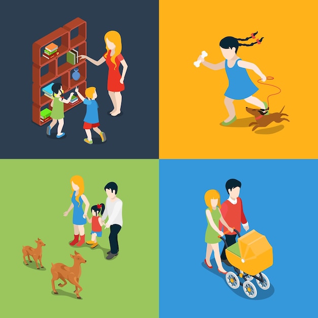 Flat isometric high quality family holiday weekend evening time icon set. Mom daughter son dad book reading pram stroll walk dog zoo visiting. Build your own world collection.