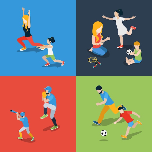 Free Vector flat isometric high quality family sports play parenting time icon set. mom daughter son dad skipping rope baseball soccer football dancing. build your own world collection.