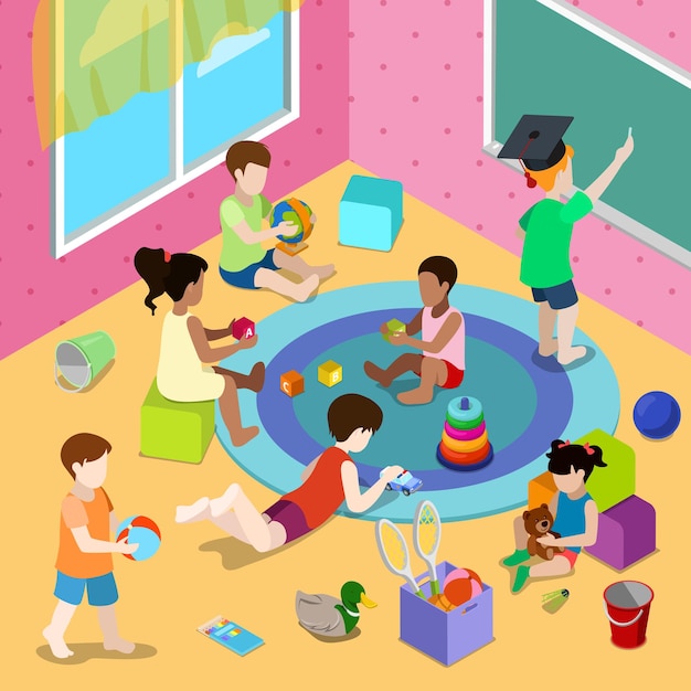 Free Vector flat isometric illustration with children playing in playschool or day care center interior