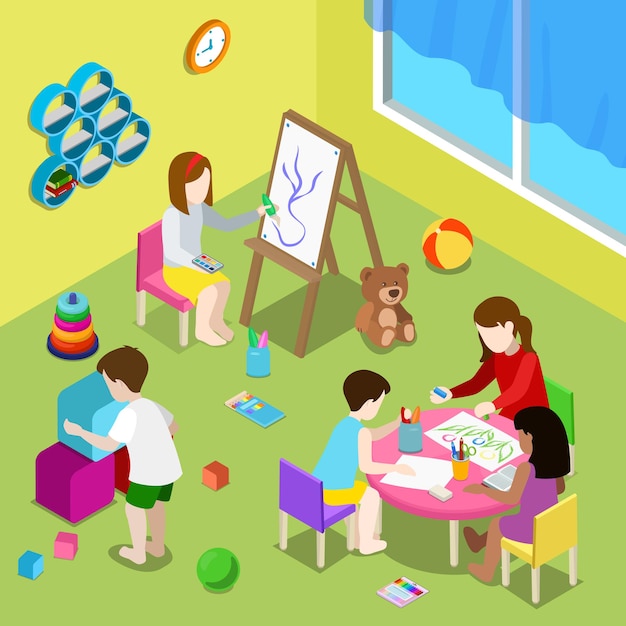 Free Vector flat isometric illustration with teacher and children drawing and playing in playschool or day care center