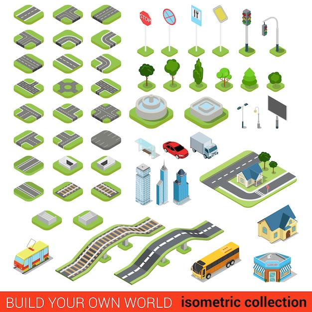 Flat isometric street road sign building blocks infographic concept set Crossroad railway fountain traffic light lantern skyscraper tram bus shop Build your own infographics world collection