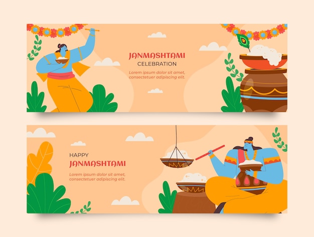 Flat janmashtami horizontal banners set