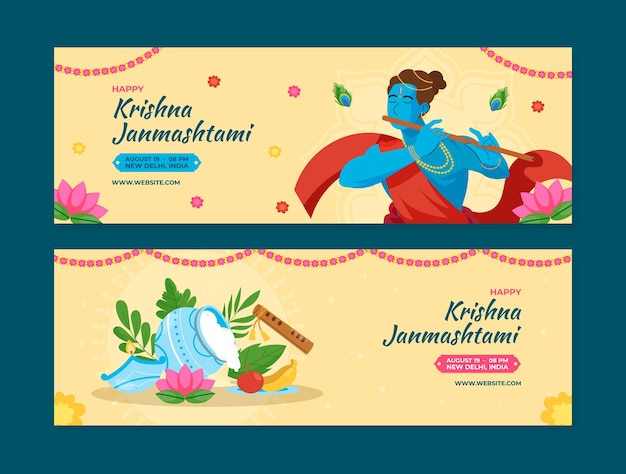 Flat janmashtami horizontal banners set