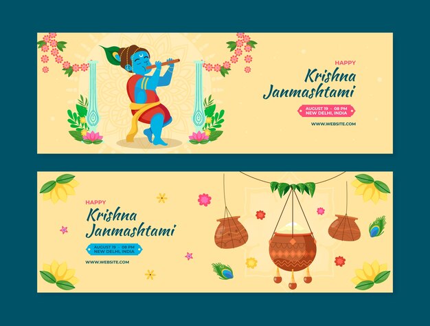 Flat janmashtami horizontal banners set