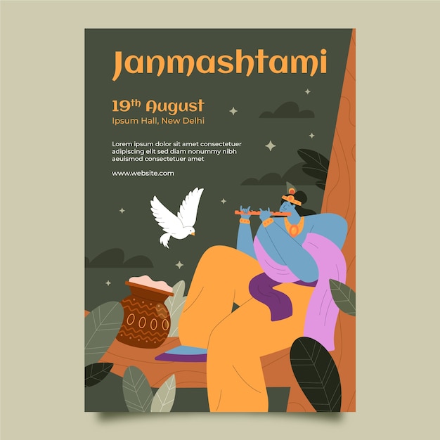 Flat janmashtami poster template with krishna playing flute